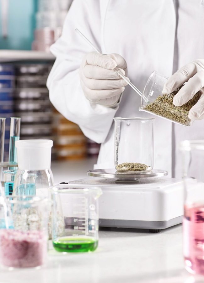 Scientific research at laboratory on finding out new species of vegetation. Researcher in white gown standing near all his equipment analyzing process, weighting seeds on scales in glass container